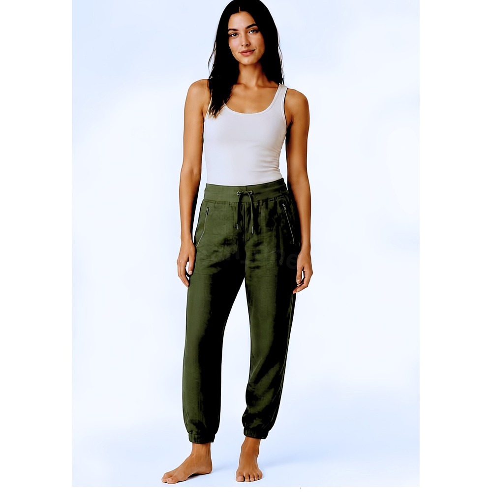 Athleta Dark Olive Green Drawstring Elastic Waist Linen Jogger Pants Size 8